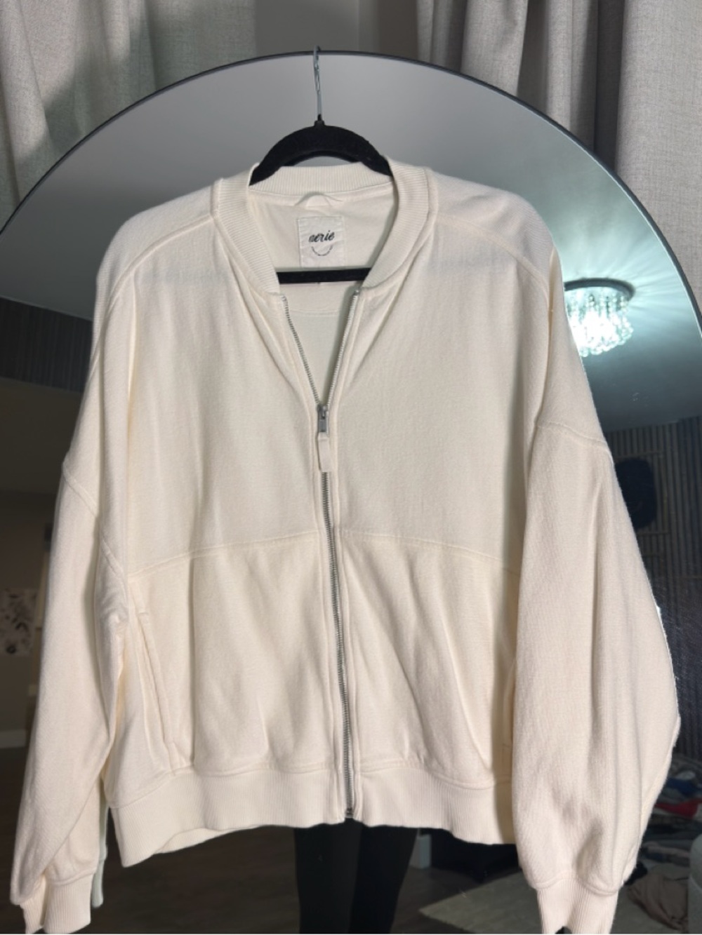 aerie Cream Ribbed-Collar Zip Bomber Jacket